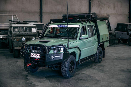 A kitted-out Mahindra Pik Up touring build in the Australian outback